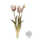 Fáradt barna színvilágú, vintage stílusú, 3 szálból álló tulipán csokor művirág, nyílt és bimbos virágfejekkel.